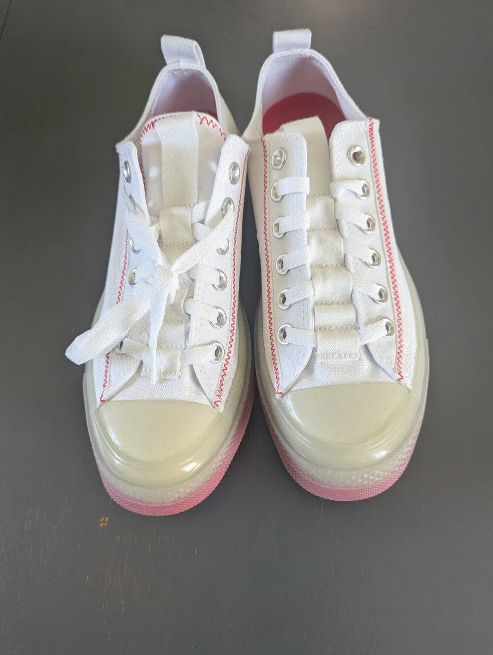 Converse Women's White Canvas Sneakers with Pink/Coral Accent Sole And Stitching